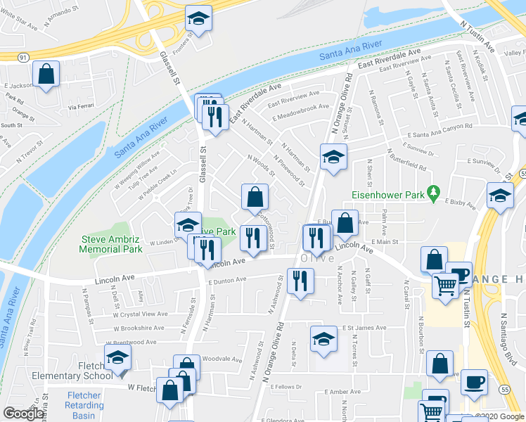map of restaurants, bars, coffee shops, grocery stores, and more near 441 East Riverboat Way in Orange