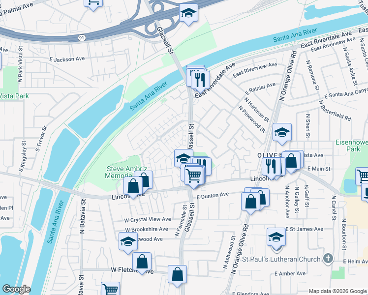 map of restaurants, bars, coffee shops, grocery stores, and more near 227 West Cork Tree Drive in Orange
