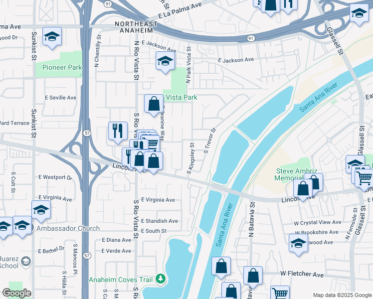 map of restaurants, bars, coffee shops, grocery stores, and more near 506 N North Redwood Pl in Anaheim