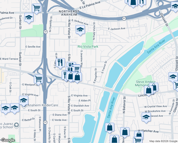 map of restaurants, bars, coffee shops, grocery stores, and more near 184 South Alice Way in Anaheim