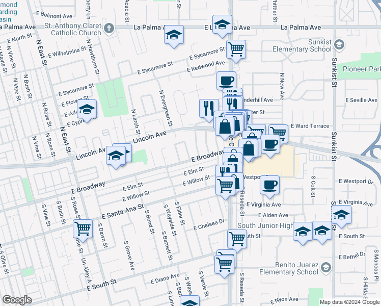 map of restaurants, bars, coffee shops, grocery stores, and more near 242 South Date Street East in Anaheim