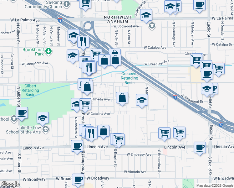 map of restaurants, bars, coffee shops, grocery stores, and more near 2057 West Hartford Place in Anaheim