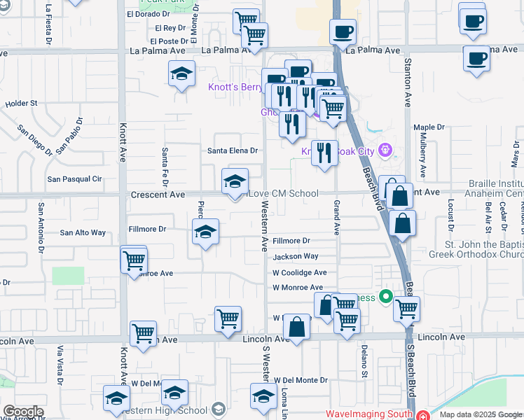 map of restaurants, bars, coffee shops, grocery stores, and more near 8520 Western Avenue in Buena Park