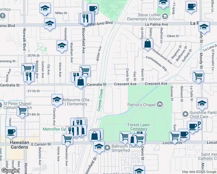 map of restaurants, bars, coffee shops, grocery stores, and more near 12950 Centralia Street in Lakewood