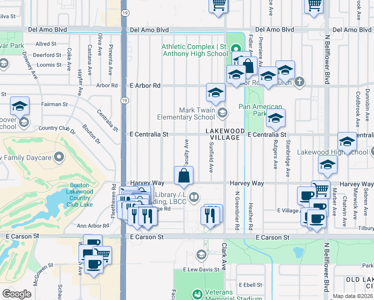 map of restaurants, bars, coffee shops, grocery stores, and more near 4424 Faculty Avenue in Long Beach