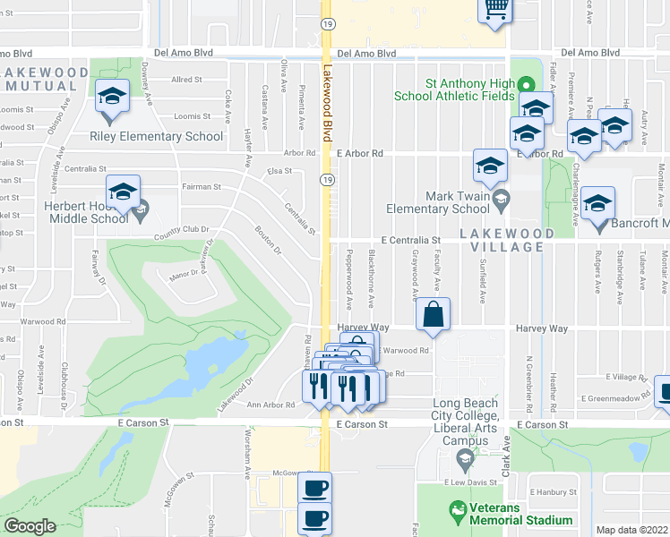 map of restaurants, bars, coffee shops, grocery stores, and more near 4423 Pepperwood Avenue in Long Beach