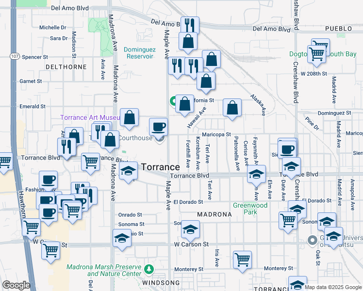 map of restaurants, bars, coffee shops, grocery stores, and more near 827 Felbar Avenue in Torrance