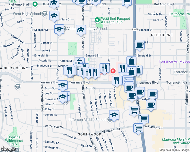 map of restaurants, bars, coffee shops, grocery stores, and more near 21104 Ladeene Avenue in Torrance