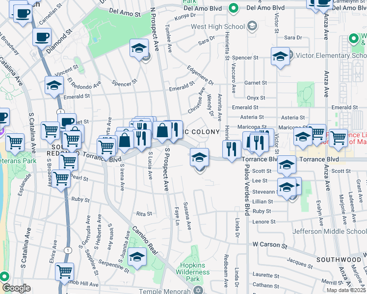 map of restaurants, bars, coffee shops, grocery stores, and more near 1010 Torrance Boulevard in Redondo Beach