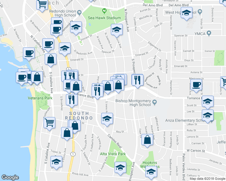 map of restaurants, bars, coffee shops, grocery stores, and more near 234 South Irena Avenue in Redondo Beach