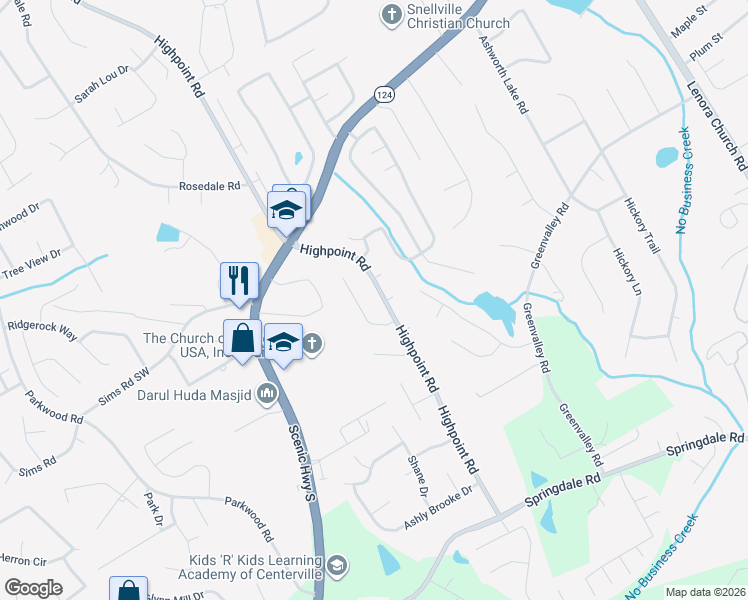 map of restaurants, bars, coffee shops, grocery stores, and more near 2721 Highpoint Road in Snellville