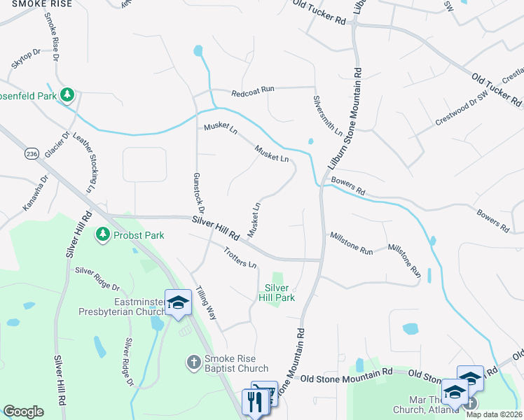 map of restaurants, bars, coffee shops, grocery stores, and more near 5886 Musket Lane in Stone Mountain