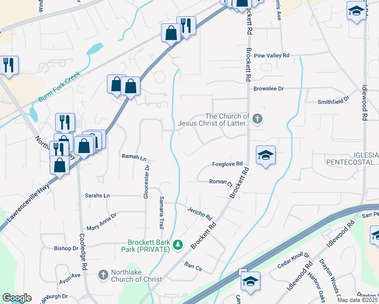 map of restaurants, bars, coffee shops, grocery stores, and more near 3918 Oberlin Court in Tucker