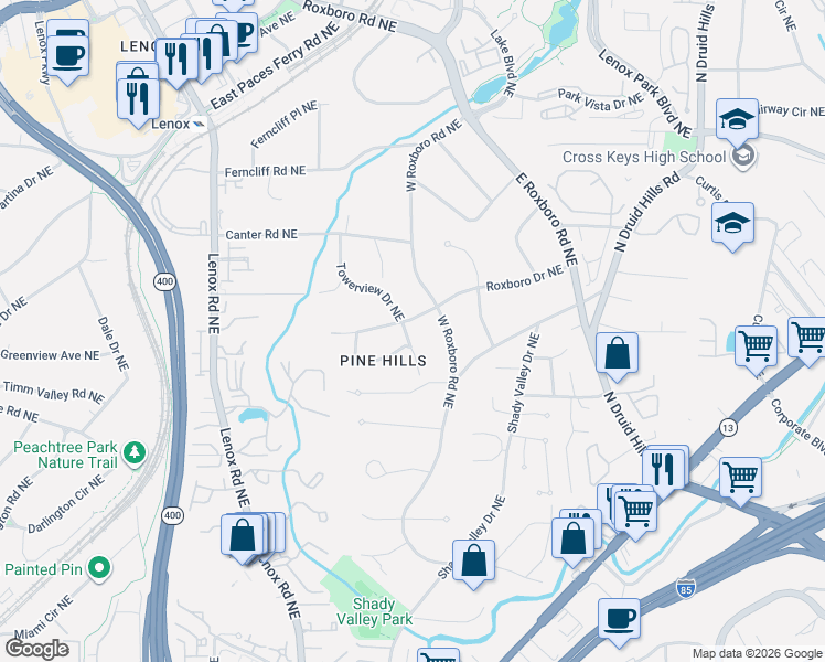 map of restaurants, bars, coffee shops, grocery stores, and more near 1131 Roxboro Drive Northeast in Atlanta