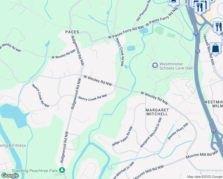 map of restaurants, bars, coffee shops, grocery stores, and more near 1664 West Wesley Road Northwest in Atlanta