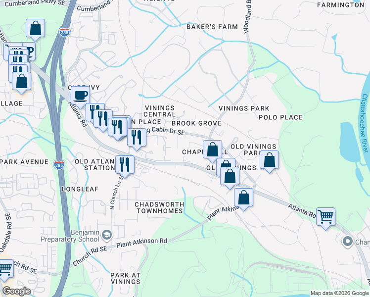map of restaurants, bars, coffee shops, grocery stores, and more near 2691 Woodland Brook Lane Southeast in Smyrna