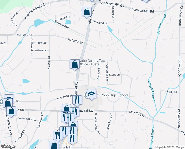 map of restaurants, bars, coffee shops, grocery stores, and more near 4731 Roberta Circle in Austell