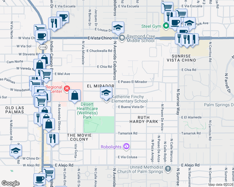 map of restaurants, bars, coffee shops, grocery stores, and more near 1020 East Olive Way in Palm Springs
