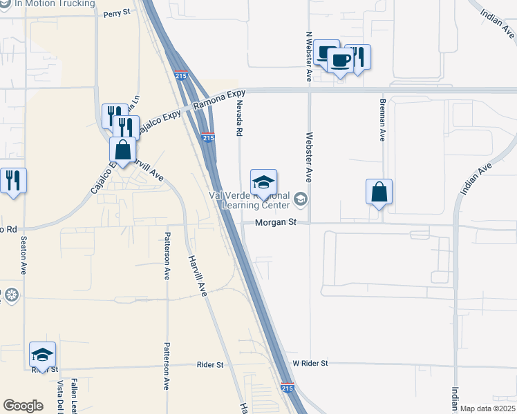 map of restaurants, bars, coffee shops, grocery stores, and more near 972 Morgan Street in Perris