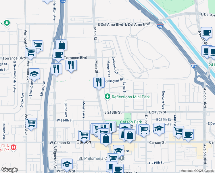 map of restaurants, bars, coffee shops, grocery stores, and more near 21027 Margaret Street in Carson