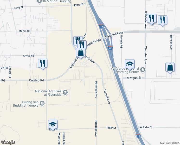 map of restaurants, bars, coffee shops, grocery stores, and more near 19319 Harvill Avenue in Perris