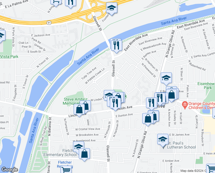 map of restaurants, bars, coffee shops, grocery stores, and more near 202 West Cork Tree Drive in Orange