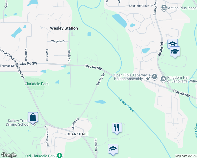 map of restaurants, bars, coffee shops, grocery stores, and more near 4718 Mosley Road in Austell
