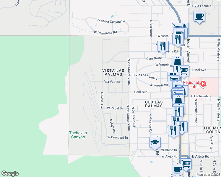 map of restaurants, bars, coffee shops, grocery stores, and more near 1134 Abrigo Road in Palm Springs