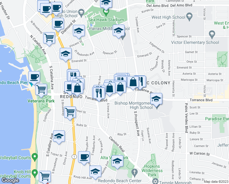map of restaurants, bars, coffee shops, grocery stores, and more near 234 South Irena Avenue in Redondo Beach