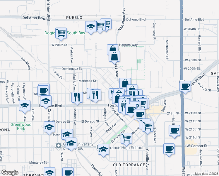map of restaurants, bars, coffee shops, grocery stores, and more near 908 Arlington Avenue in Torrance