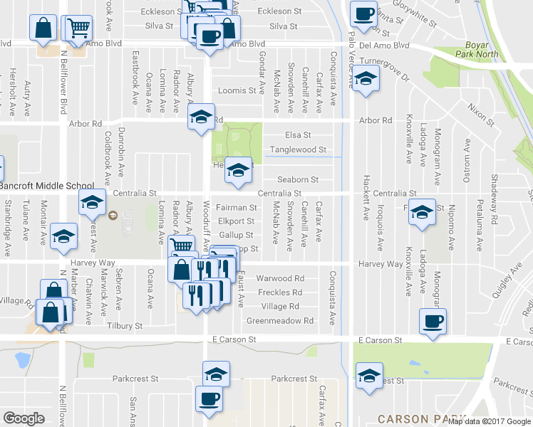 map of restaurants, bars, coffee shops, grocery stores, and more near 4436 Gondar Avenue in Lakewood