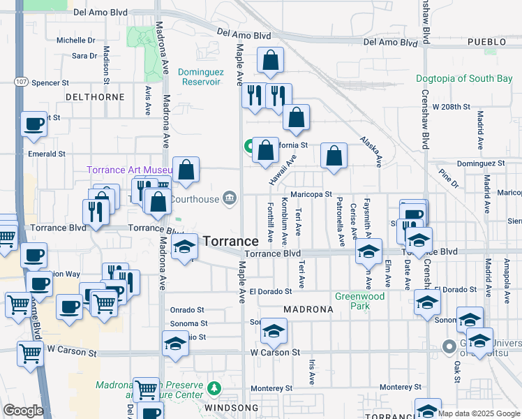 map of restaurants, bars, coffee shops, grocery stores, and more near 827 Felbar Avenue in Torrance