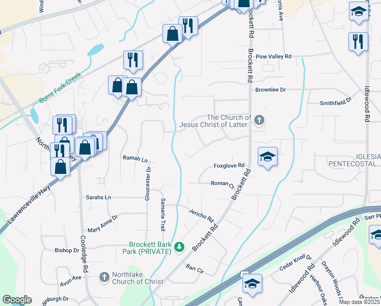 map of restaurants, bars, coffee shops, grocery stores, and more near 3918 Oberlin Court in Tucker