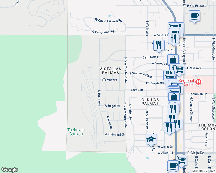 map of restaurants, bars, coffee shops, grocery stores, and more near 1134 Abrigo Road in Palm Springs