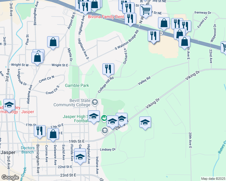 map of restaurants, bars, coffee shops, grocery stores, and more near 1101 Valley Road in Jasper