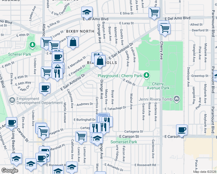 map of restaurants, bars, coffee shops, grocery stores, and more near 4440 Maury Avenue in Long Beach