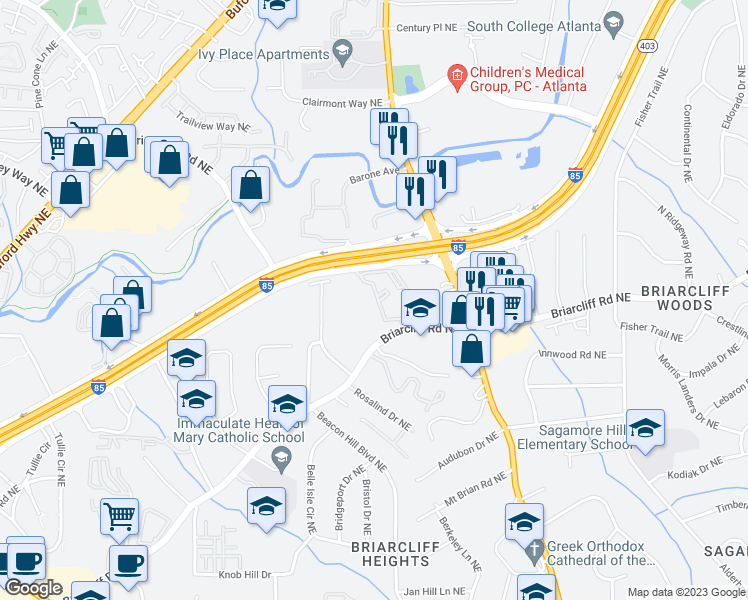 map of restaurants, bars, coffee shops, grocery stores, and more near 7108 Saint Clair Drive Northeast in Atlanta