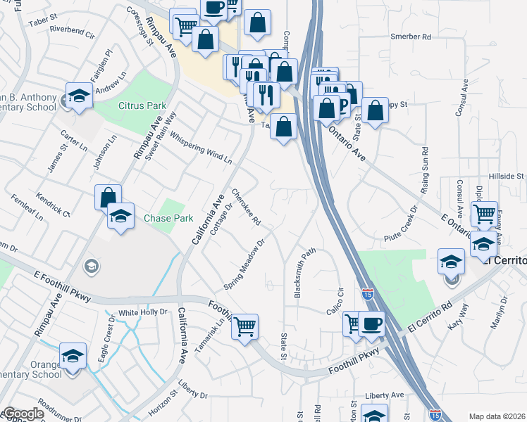 map of restaurants, bars, coffee shops, grocery stores, and more near 1607 Cherokee Road in Corona