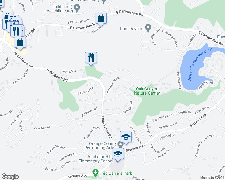 map of restaurants, bars, coffee shops, grocery stores, and more near 6512 East Camino Vista in Anaheim