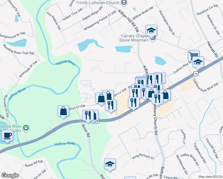 map of restaurants, bars, coffee shops, grocery stores, and more near 1900 Paxton Drive Southwest in Lilburn