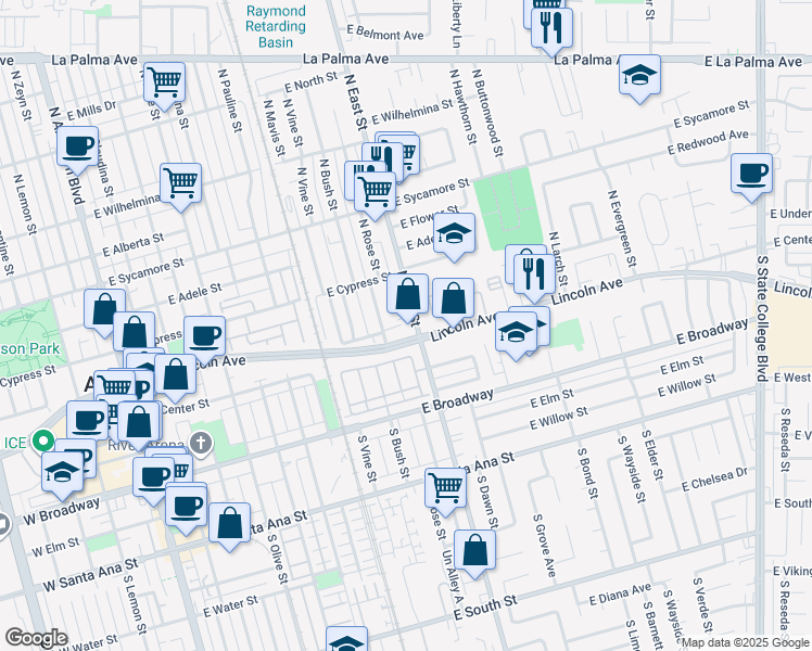 map of restaurants, bars, coffee shops, grocery stores, and more near 111 North East Street in Anaheim