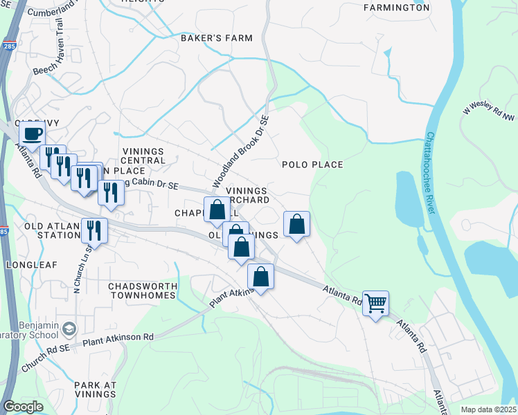 map of restaurants, bars, coffee shops, grocery stores, and more near 2709 Vinings Oak Drive South East in Smyrna