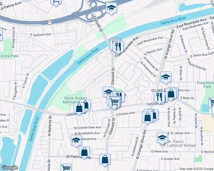 map of restaurants, bars, coffee shops, grocery stores, and more near 202 West Cork Tree Drive in Orange