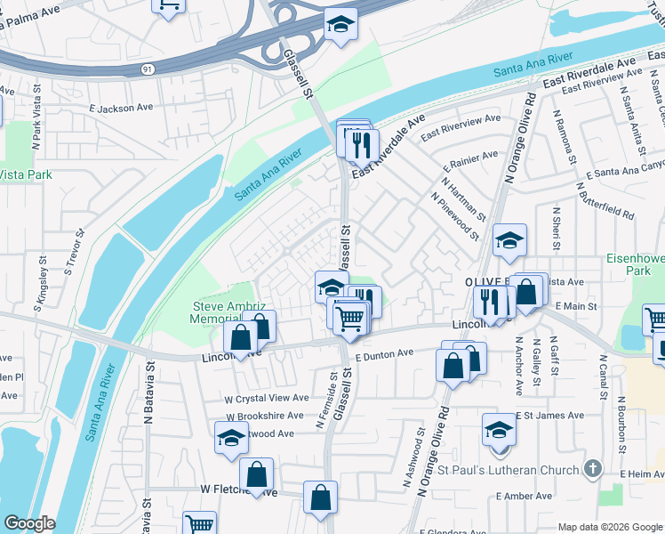 map of restaurants, bars, coffee shops, grocery stores, and more near 227 West Cork Tree Drive in Orange