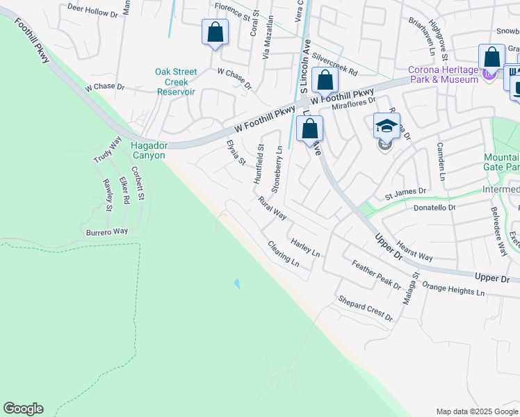 map of restaurants, bars, coffee shops, grocery stores, and more near 3274 Rural Way in Corona