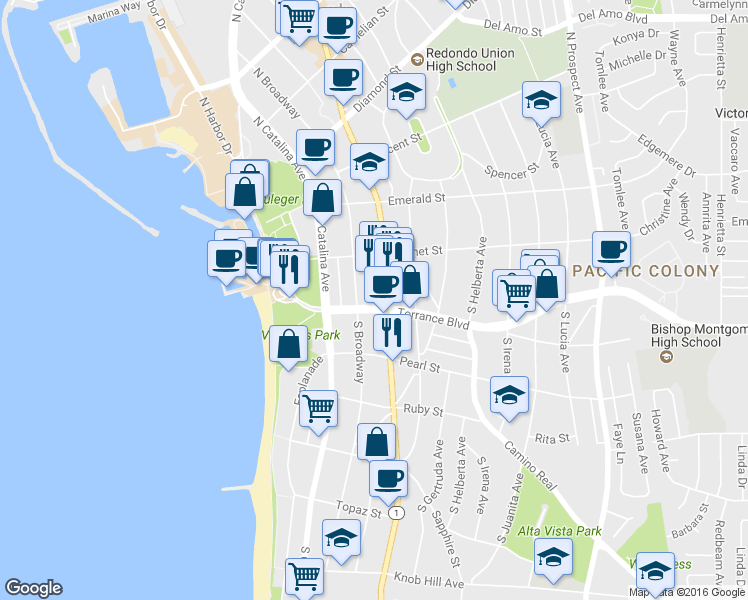 map of restaurants, bars, coffee shops, grocery stores, and more near 215 Torrance Boulevard in Redondo Beach