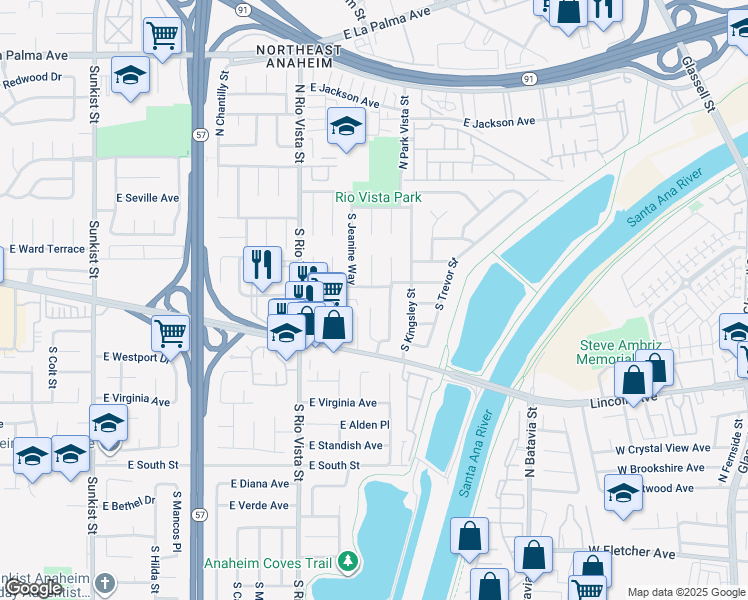 map of restaurants, bars, coffee shops, grocery stores, and more near 184 South Alice Way in Anaheim