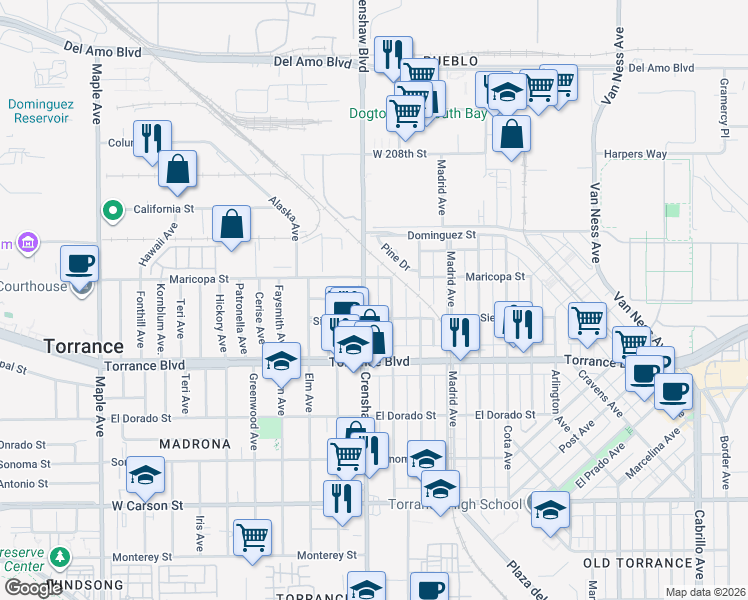 map of restaurants, bars, coffee shops, grocery stores, and more near 904 Crenshaw Boulevard in Torrance