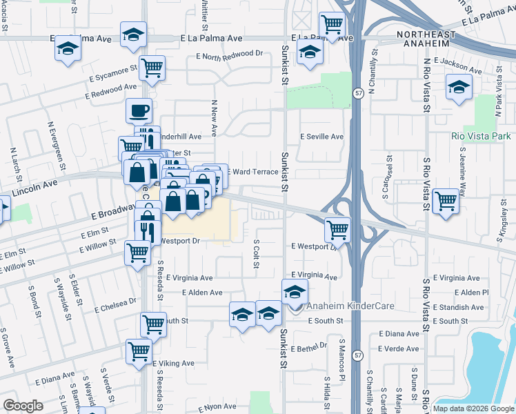 map of restaurants, bars, coffee shops, grocery stores, and more near 2420 East Lincoln Avenue in Anaheim