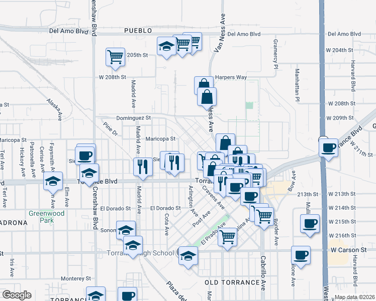 map of restaurants, bars, coffee shops, grocery stores, and more near 921 Arlington Avenue in Torrance